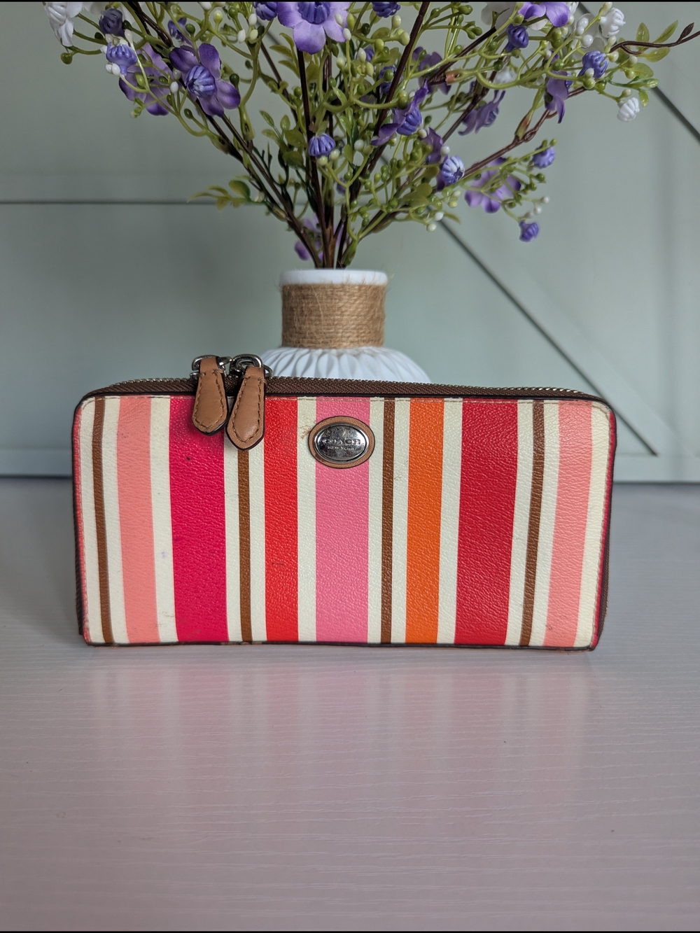 Coach Striped Zip Wallet in Pink, Red, Orange, Brown